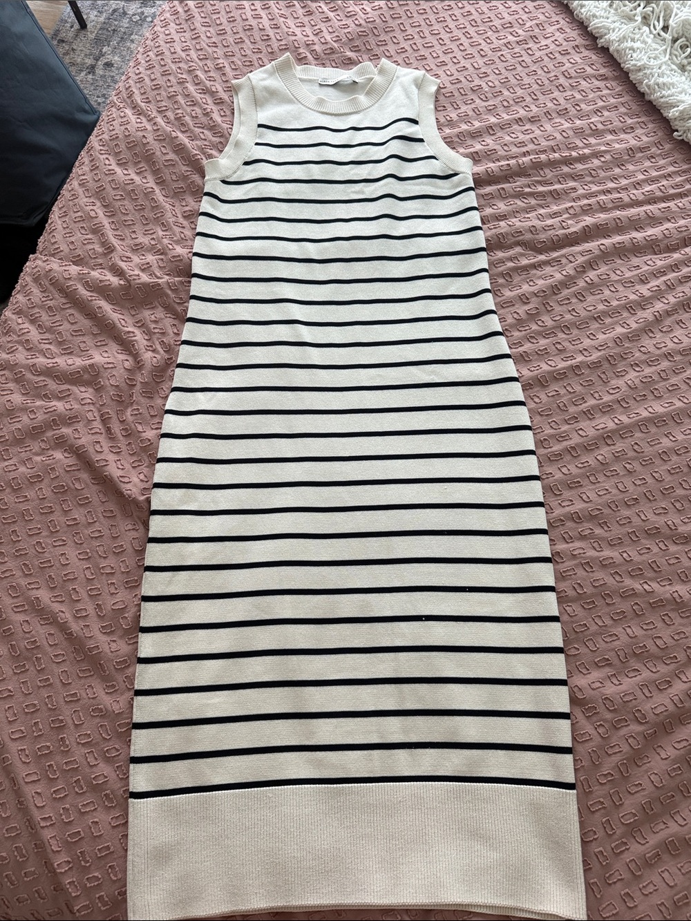 Black Tape_ Sleeveless Midi Knit Dress in Cream and Black Stripes